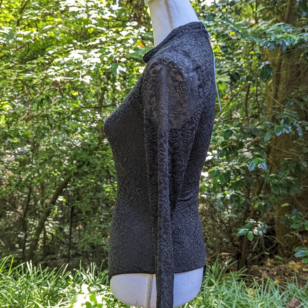JONATHAN SIMKHAI Stretch Lace Bodysuit Long Sleeves in Semi Sheer Black Sz Small - Picture 9 of 11